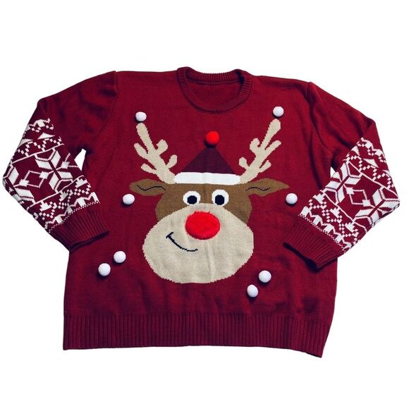 Christmas Sweater Nordic Reindeer Pom Poms Fuzzy Red Nose Thick Unisex Adult 2XL - Picture 9 of 16